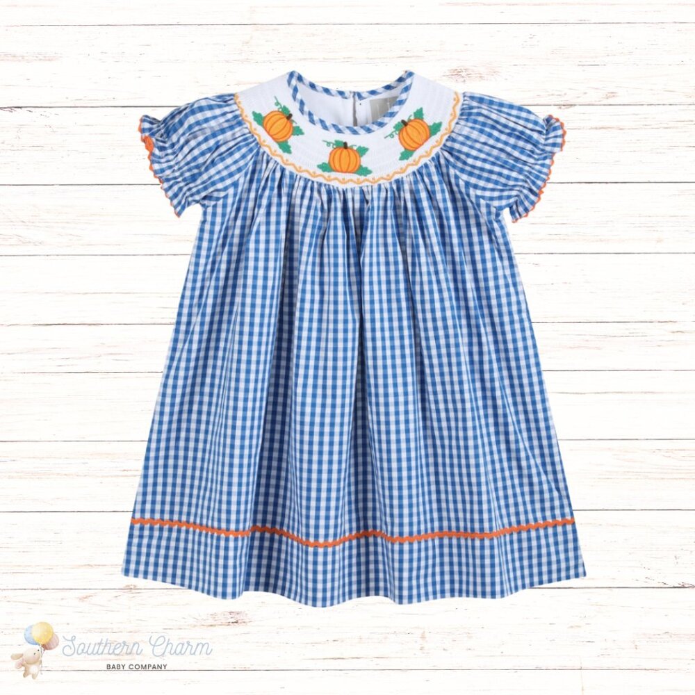 Blue Gingham Pumpkin Smocked Bishop Dress